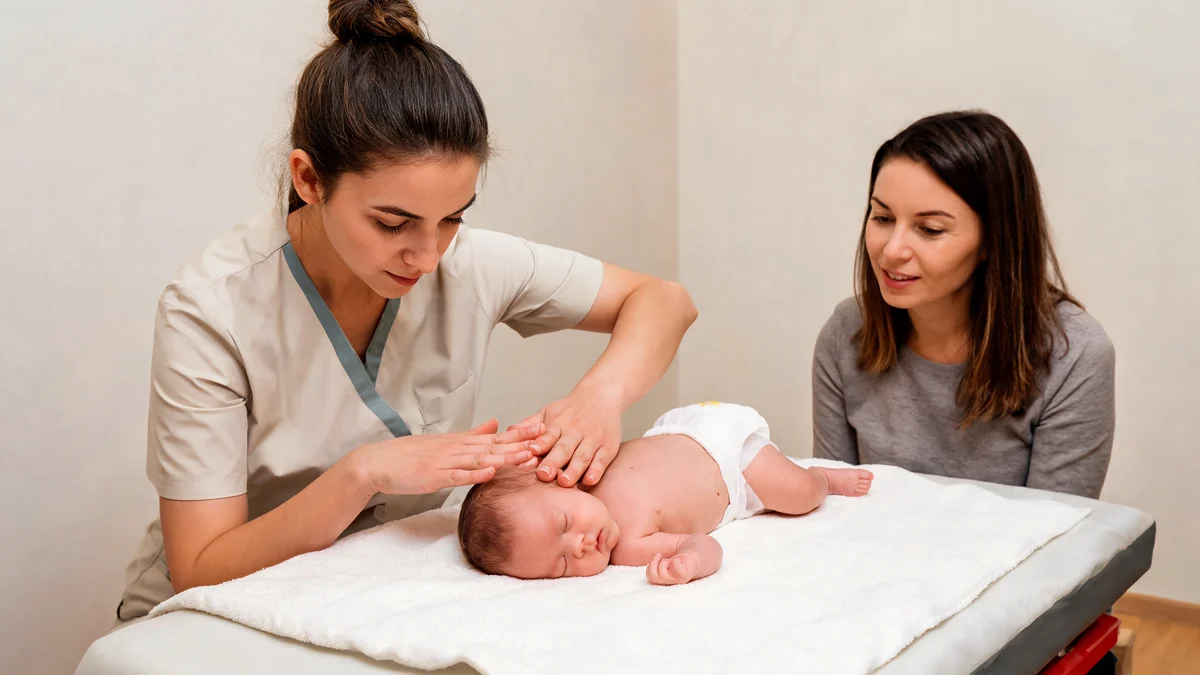 Une praticienne en ostéopathe pour nourrissons manipule doucement la tête d'un bébé sous le regard attentif de sa mère
