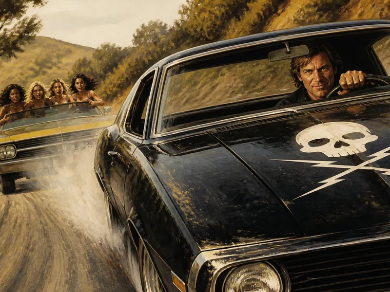 Cascadeur au volant de sa voiture poursuivant un groupe de femmes dans le film Death Proof 2007