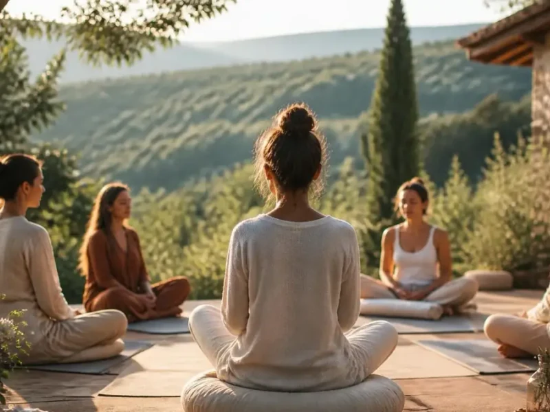 Groupe de femmes méditant en extérieur lors d'une retraite spirituelle non religieuse face à un paysage vallonné