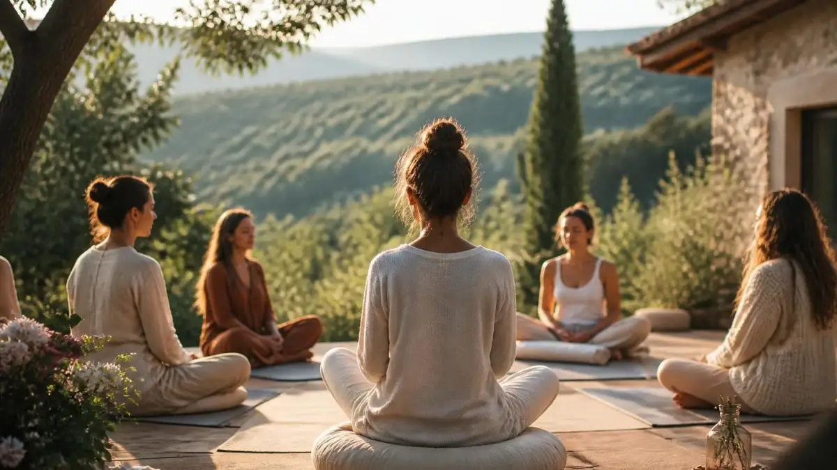 Groupe de femmes méditant en extérieur lors d'une retraite spirituelle non religieuse face à un paysage vallonné