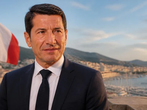 David Lisnard pose avec le drapeau français en arrière-plan dans le cadre de sa stratégie David Lisnard présidentielle 2027