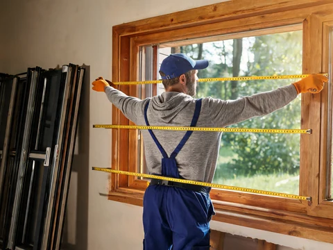 Un artisan effectuant des prises de cotes précises sur le cadre d'une fenêtre en bois avant son remplacement
