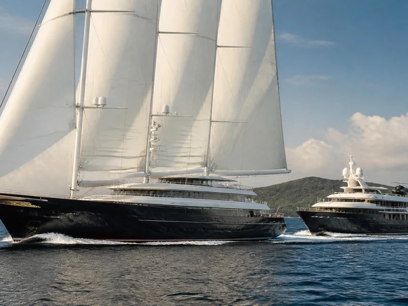 Vue du somptueux voilier Koru, le yacht Jeff Bezos, naviguant en mer accompagné de son navire de soutien