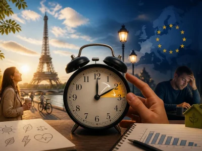 Main d'une personne ajustant une horloge quand on change d'heure avec la tour Eiffel en arrière-plan