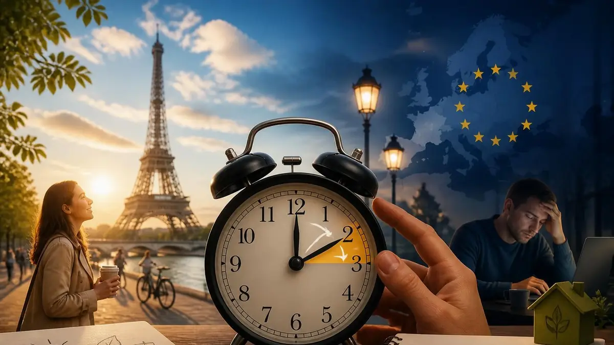 Main d'une personne ajustant une horloge quand on change d'heure avec la tour Eiffel en arrière-plan