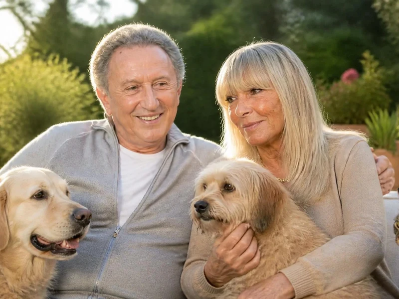 Dany Saval aujourd'hui entourée de son mari Michel Drucker et de leurs animaux de compagnie dans un jardin