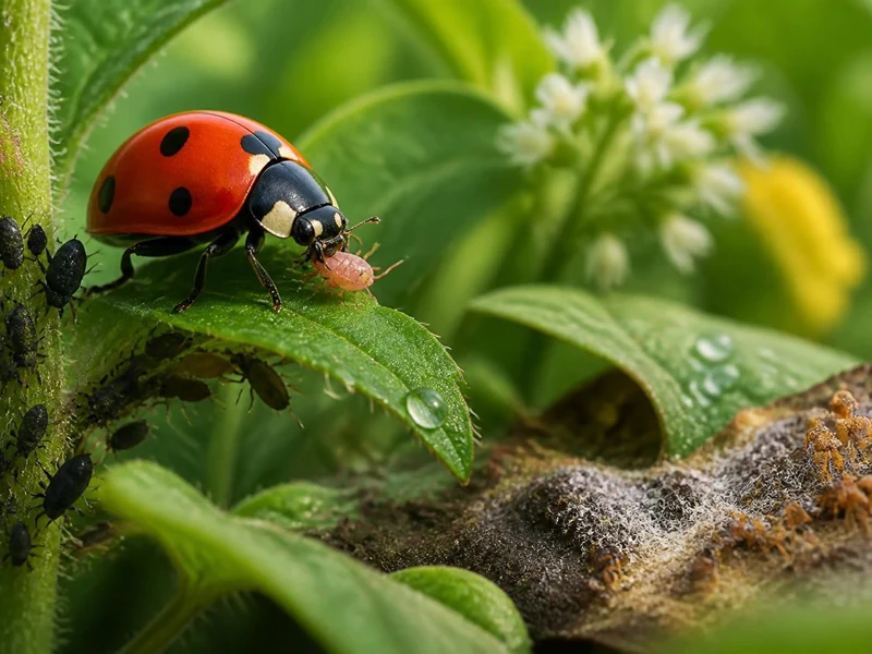 Une coccinelle chassant des pucerons sur une feuille illustre bien que mange les coccinelles au jardin