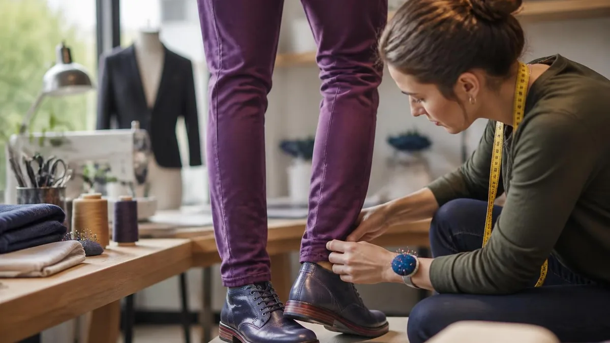 Une couturière ajuste la longueur d'un pantalon pour définir le bon ourlet pantalon prix en atelier