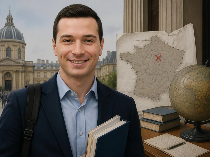 Un homme souriant devant un bâtiment universitaire pour illustrer quel est le niveau d'étude de Jordan Bardella