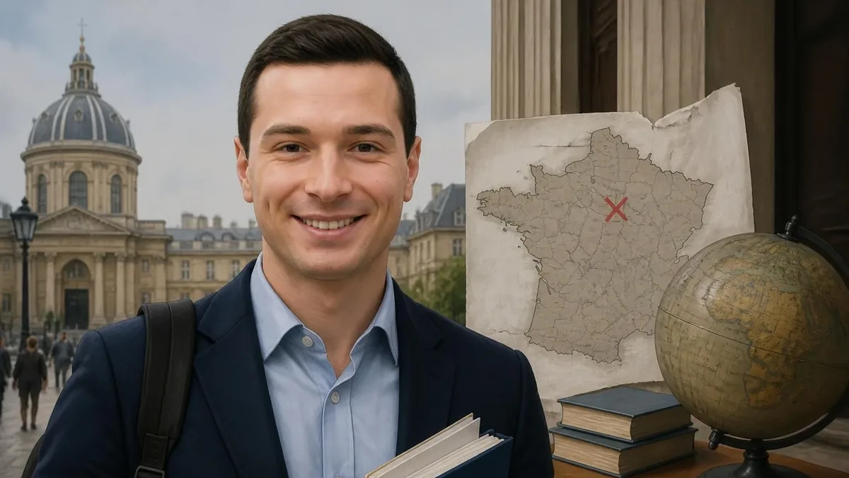 Un homme souriant devant un bâtiment universitaire pour illustrer quel est le niveau d'étude de Jordan Bardella