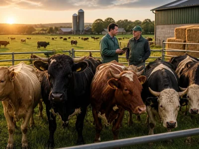 Deux éleveurs discutent dans un pré avec leur troupeau pour évaluer le prix d'une vache et la gestion du cheptel