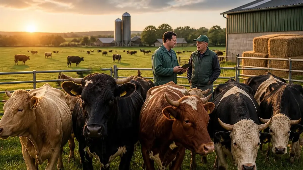 Deux éleveurs discutent dans un pré avec leur troupeau pour évaluer le prix d'une vache et la gestion du cheptel