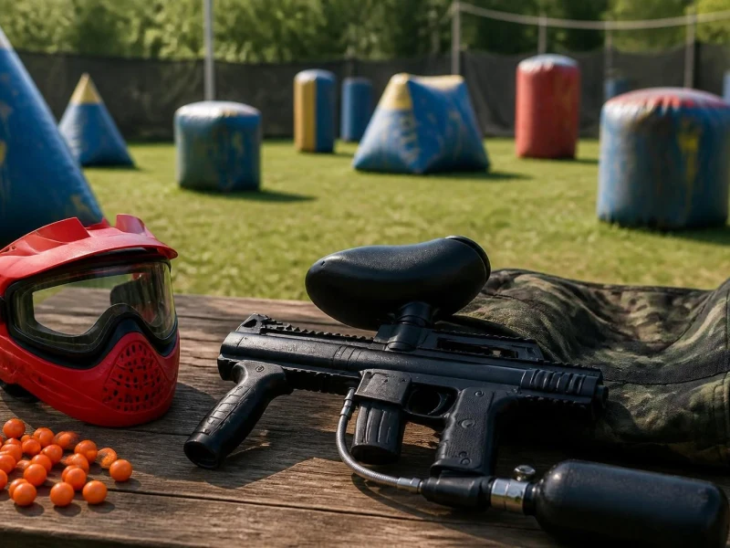 Équipement de jeu posé sur une table devant un terrain de paintball pour illustrer le prix du paintball
