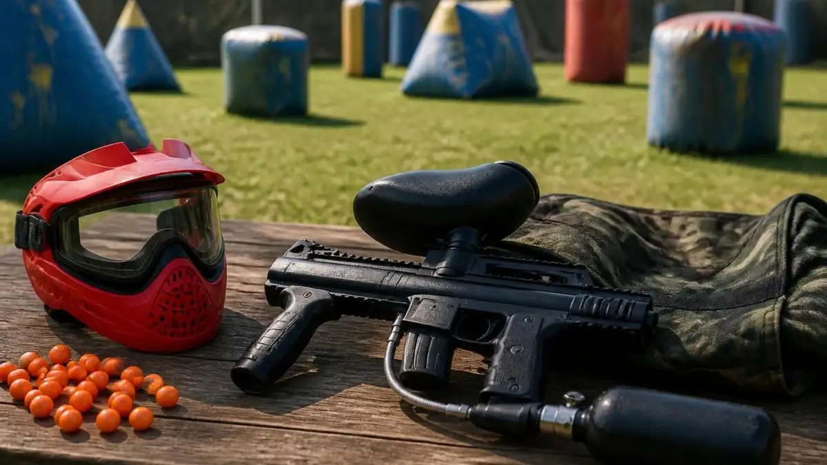 Équipement de jeu posé sur une table devant un terrain de paintball pour illustrer le prix du paintball