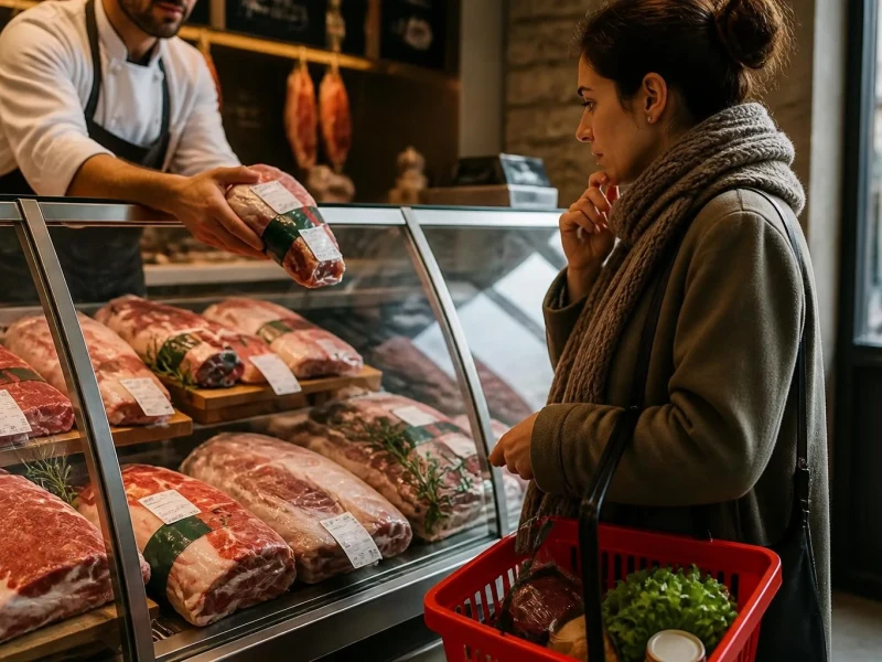 Une cliente hésite devant une boucherie en s'interrogeant sur le prix kilo agneau affiché en vitrine