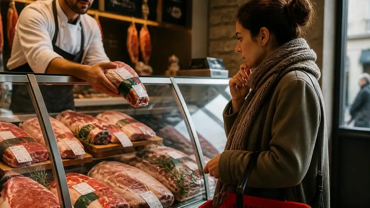 Une cliente hésite devant une boucherie en s'interrogeant sur le prix kilo agneau affiché en vitrine