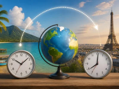 Un globe terrestre entre deux horloges illustrant le décalage horaire pour savoir quel heure est il en martinique