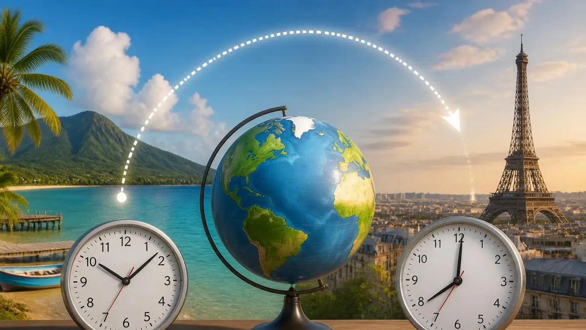 Un globe terrestre entre deux horloges illustrant le décalage horaire pour savoir quel heure est il en martinique