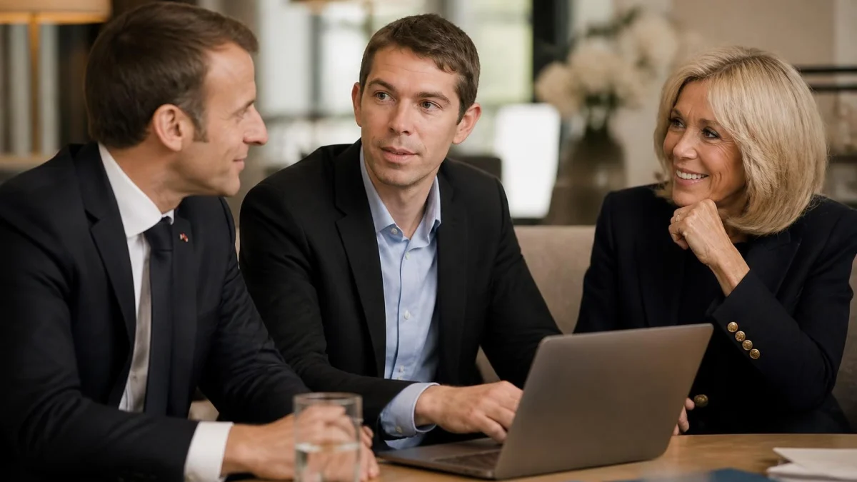 Emmanuel Macron et Brigitte Macron discutent avec un homme, une interrogation sur qui est le fils d'Emmanuel Macron
