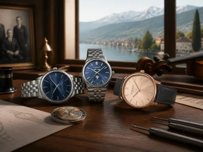 Trois montres Raymond Weil élégantes posées sur un bureau en bois devant un paysage lacustre