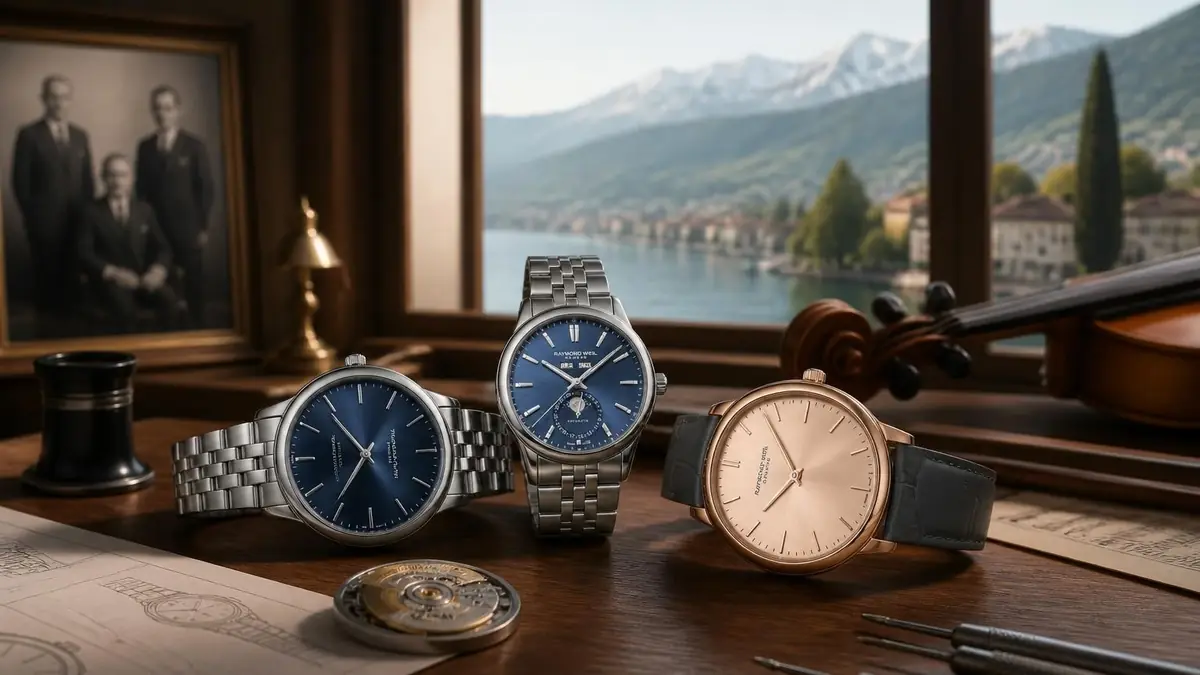 Trois montres Raymond Weil élégantes posées sur un bureau en bois devant un paysage lacustre