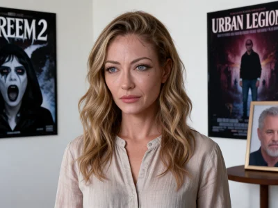 Portrait de l'actrice Rebecca Gayheart posant devant des affiches de films