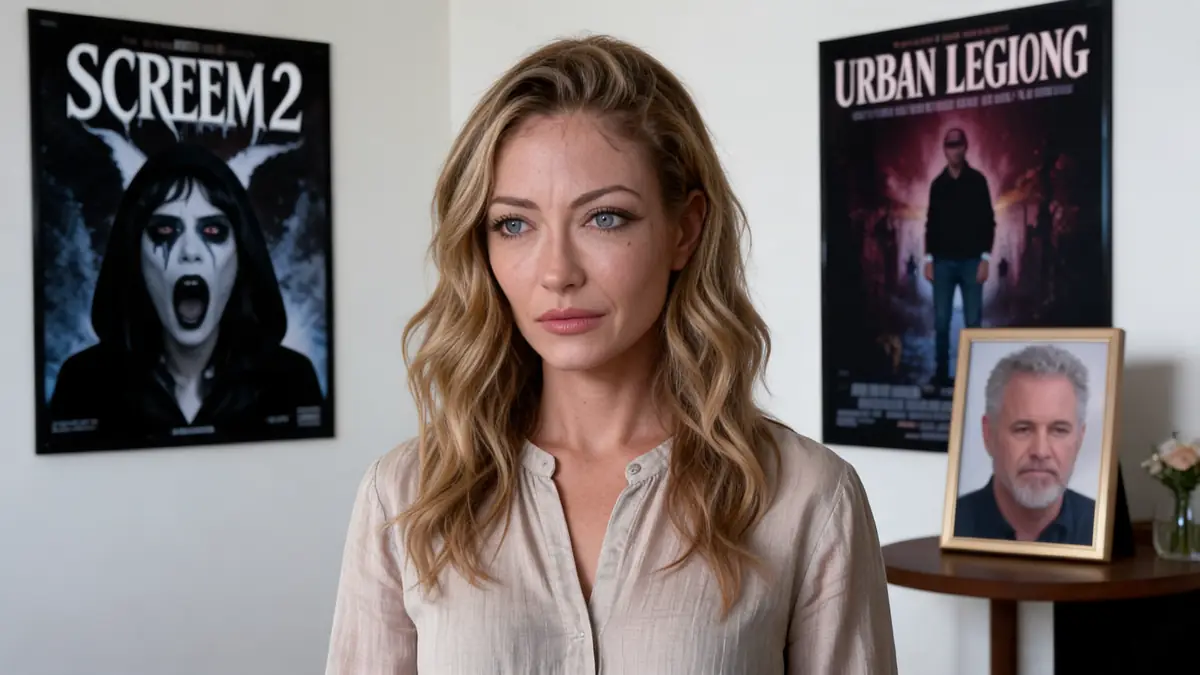 Portrait de l'actrice Rebecca Gayheart posant devant des affiches de films
