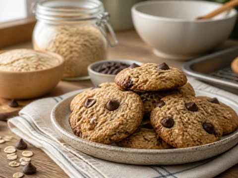 Une assiette de délicieux biscuits aux pépites de chocolat pour une recette cookies flocons d'avoine maison