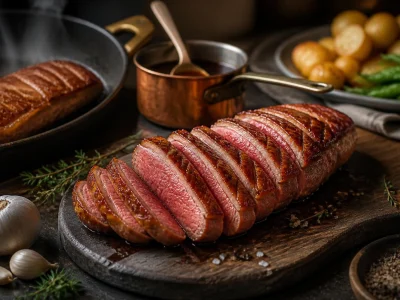 Un magret de canard tranché sur une planche en bois pour illustrer une délicieuse recette de magret de canard