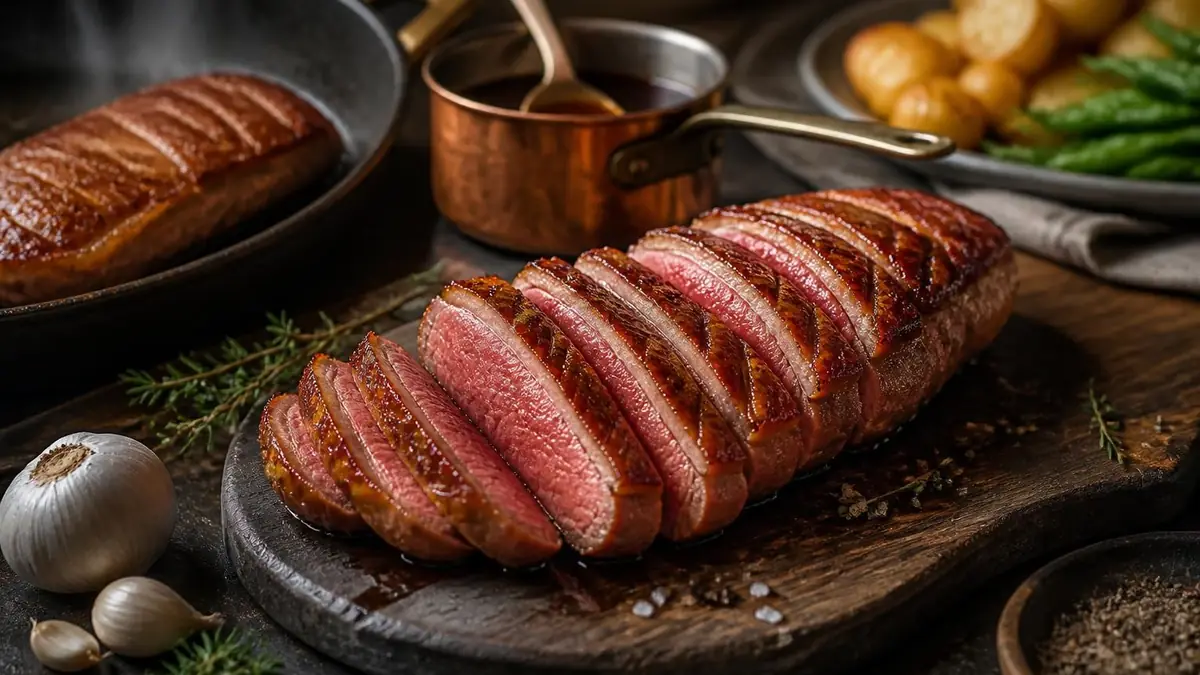 Un magret de canard tranché sur une planche en bois pour illustrer une délicieuse recette de magret de canard