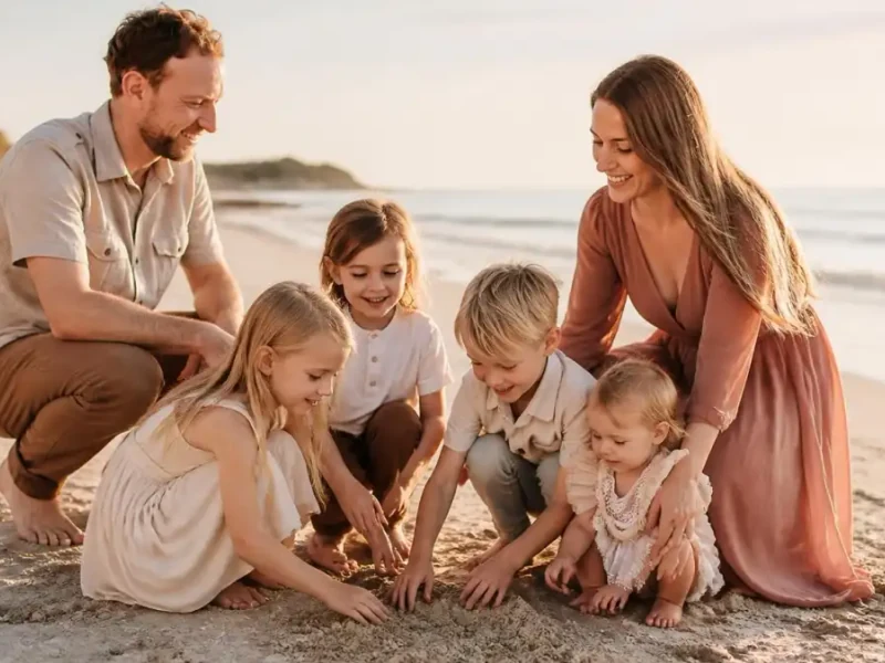 Une famille heureuse profite d'une séance photo en famille sur la plage au coucher du soleil