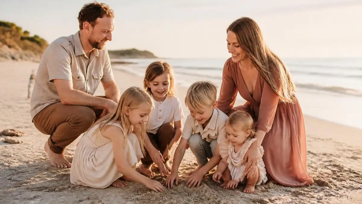 Une famille heureuse profite d'une séance photo en famille sur la plage au coucher du soleil
