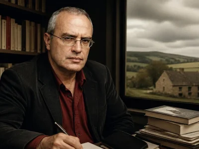 Portrait de l'écrivain Richard Millet posant devant une bibliothèque et une fenêtre donnant sur la campagne