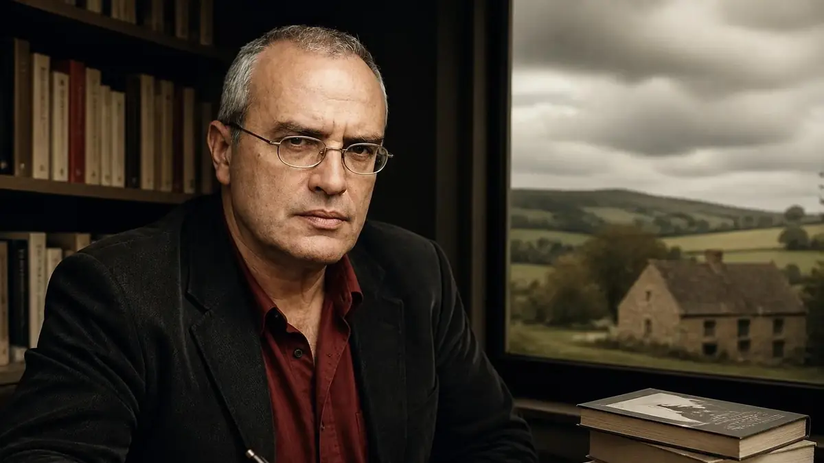 Portrait de l'écrivain Richard Millet posant devant une bibliothèque et une fenêtre donnant sur la campagne