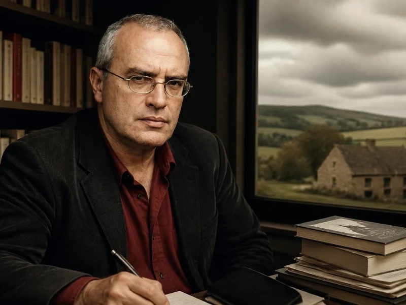 Portrait de l'écrivain Richard Millet posant devant une bibliothèque et une fenêtre donnant sur la campagne