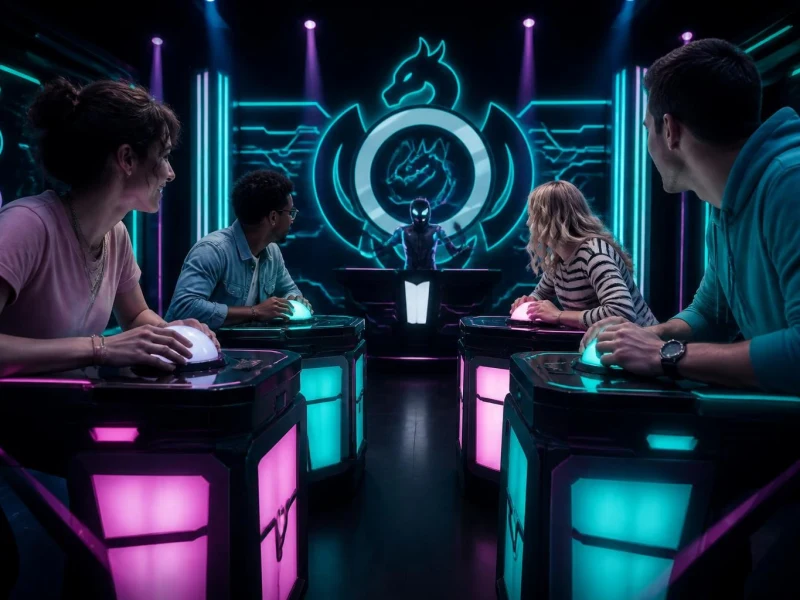 Quatre joueurs participent à une immersion totale dans une salle de jeu rival Quiz aux couleurs néon