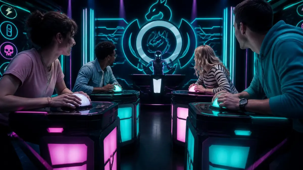Quatre joueurs participent à une immersion totale dans une salle de jeu rival Quiz aux couleurs néon