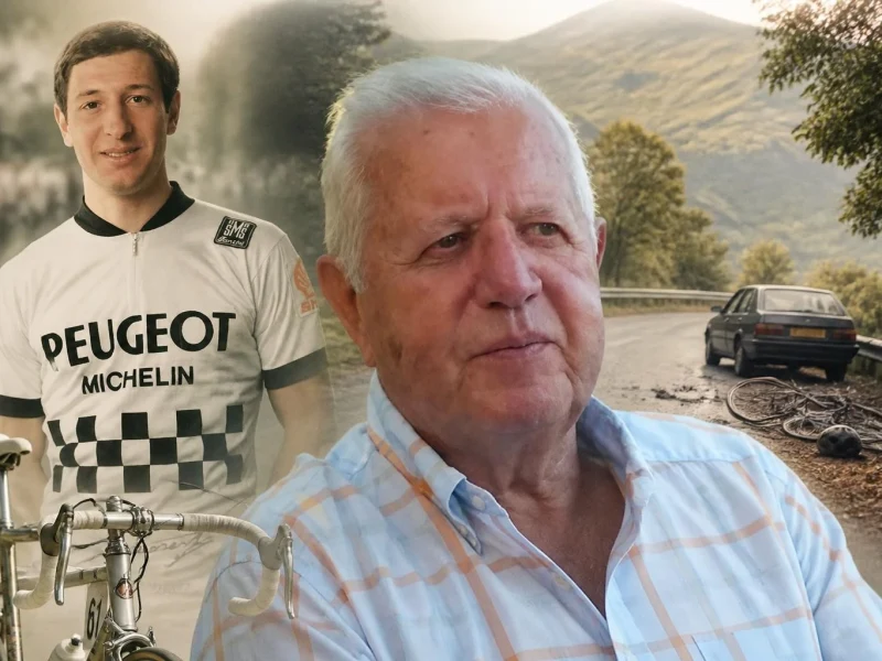 Portrait composite montrant Robert Forest jeune cycliste et âgé, sur fond de route de montagne avec un vélo au sol