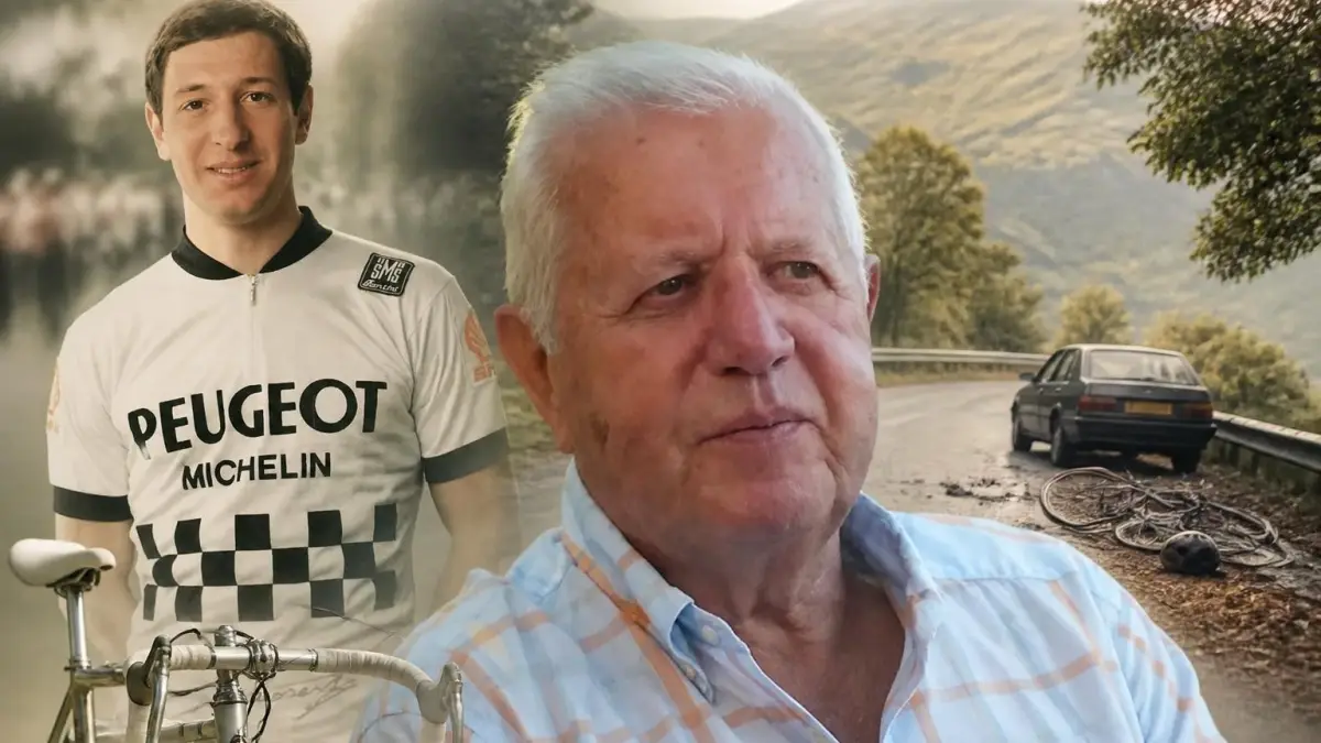 Portrait composite montrant Robert Forest jeune cycliste et âgé, sur fond de route de montagne avec un vélo au sol