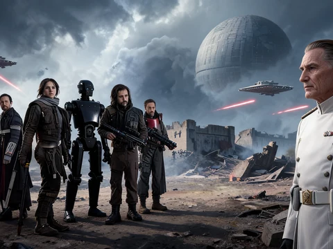 Groupe de rebelles et officier impérial sur un champ de bataille dans le rogue one Star Wars film
