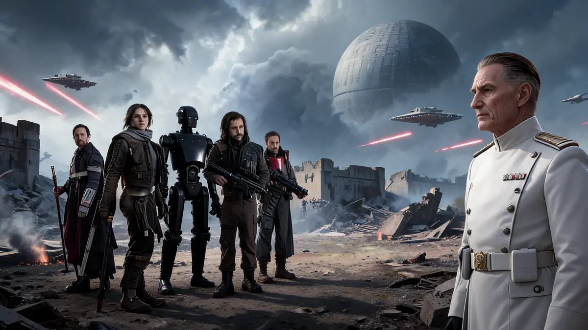 Groupe de rebelles et officier impérial sur un champ de bataille dans le rogue one Star Wars film