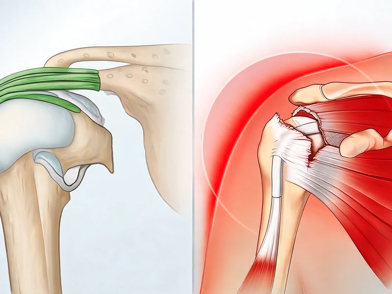 Schéma anatomique comparant une épaule saine et une rupture tendons épaule au niveau de la coiffe des rotateurs