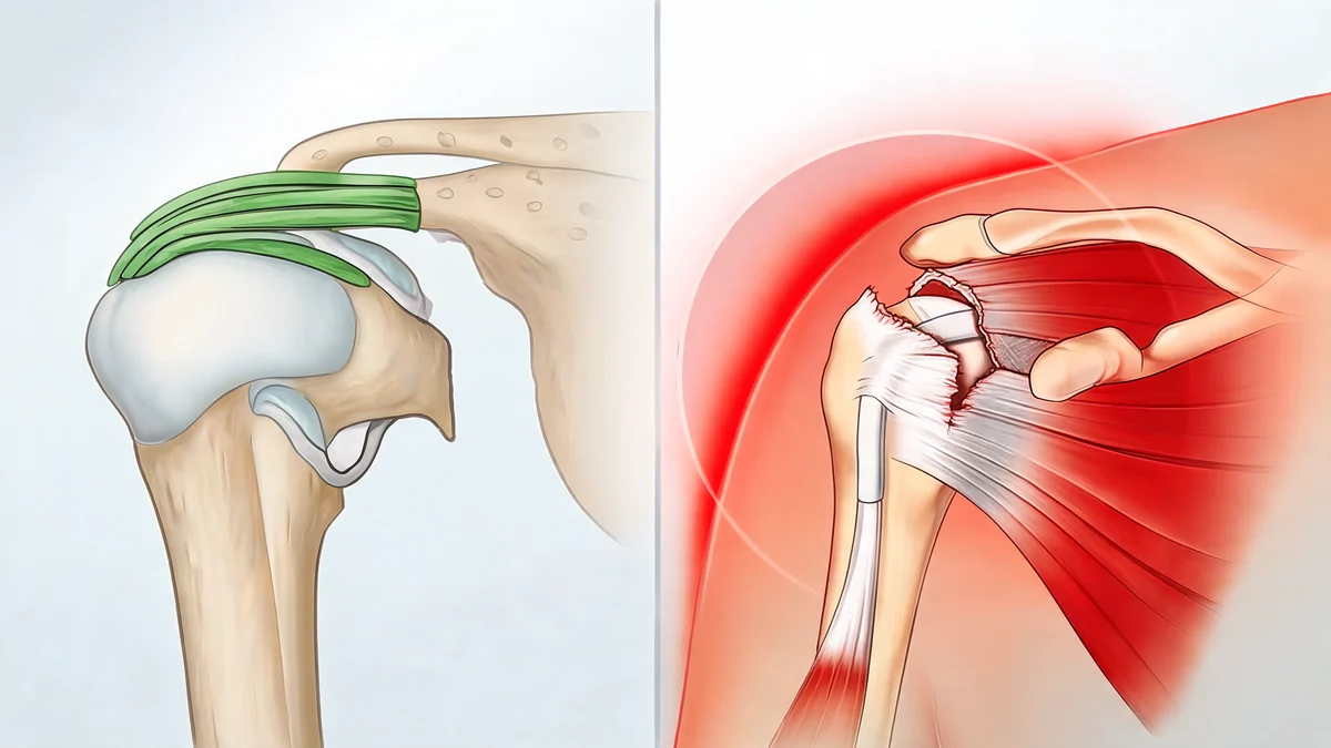 Schéma anatomique comparant une épaule saine et une rupture tendons épaule au niveau de la coiffe des rotateurs