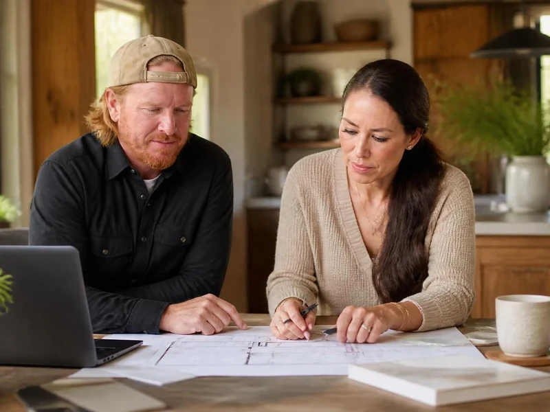 Chip et Joanna Gaines aujourd'hui travaillent ensemble sur des plans de rénovation dans une cuisine chaleureuse
