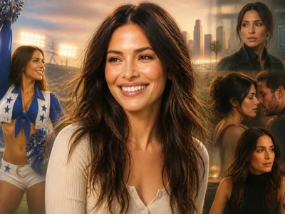 Montage présentant les différentes étapes de la carrière de l'actrice Sarah Shahi sur fond de ville américaine
