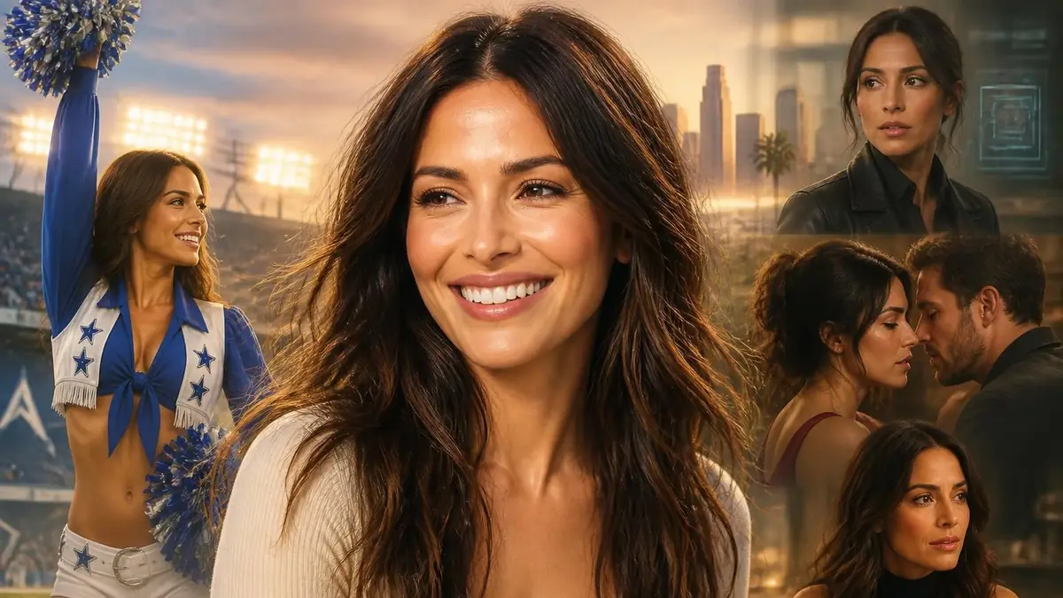 Montage présentant les différentes étapes de la carrière de l'actrice Sarah Shahi sur fond de ville américaine