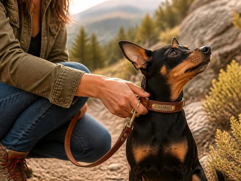 Une femme caresse son petit chien portant un accessoire en cuir illustrant la personnalisation collier chien en extérieur
