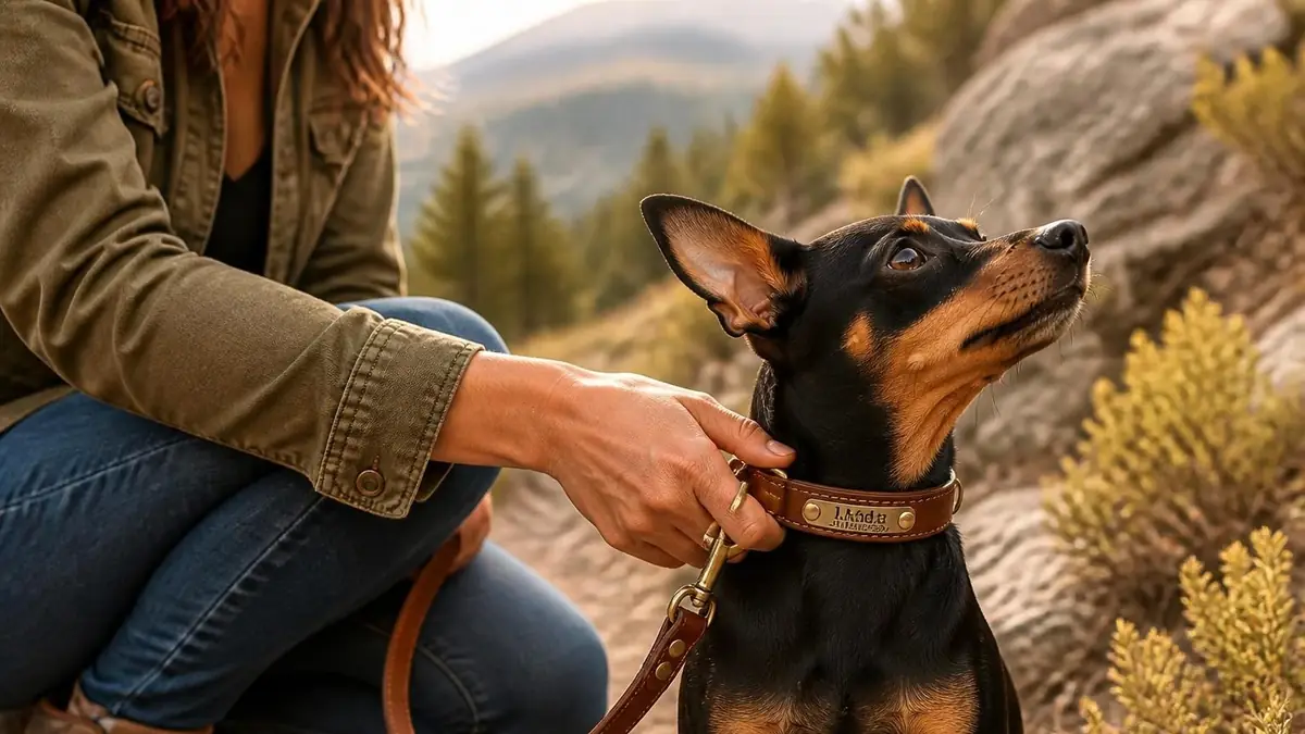 Une femme caresse son petit chien portant un accessoire en cuir illustrant la personnalisation collier chien en extérieur