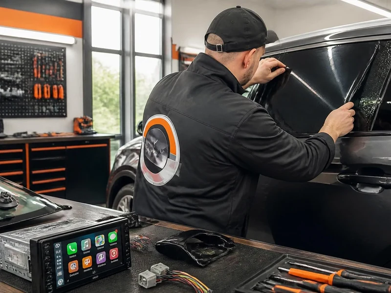 Technicien appliquant un film teinté sur une vitre de voiture dans l'atelier select Auto Pro