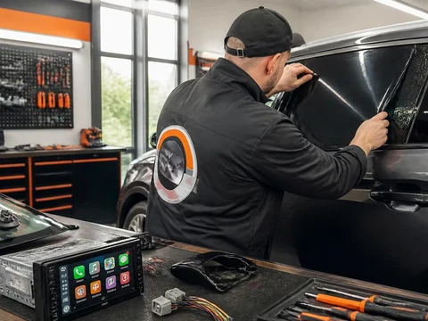 Technicien appliquant un film teinté sur une vitre de voiture dans l'atelier select Auto Pro